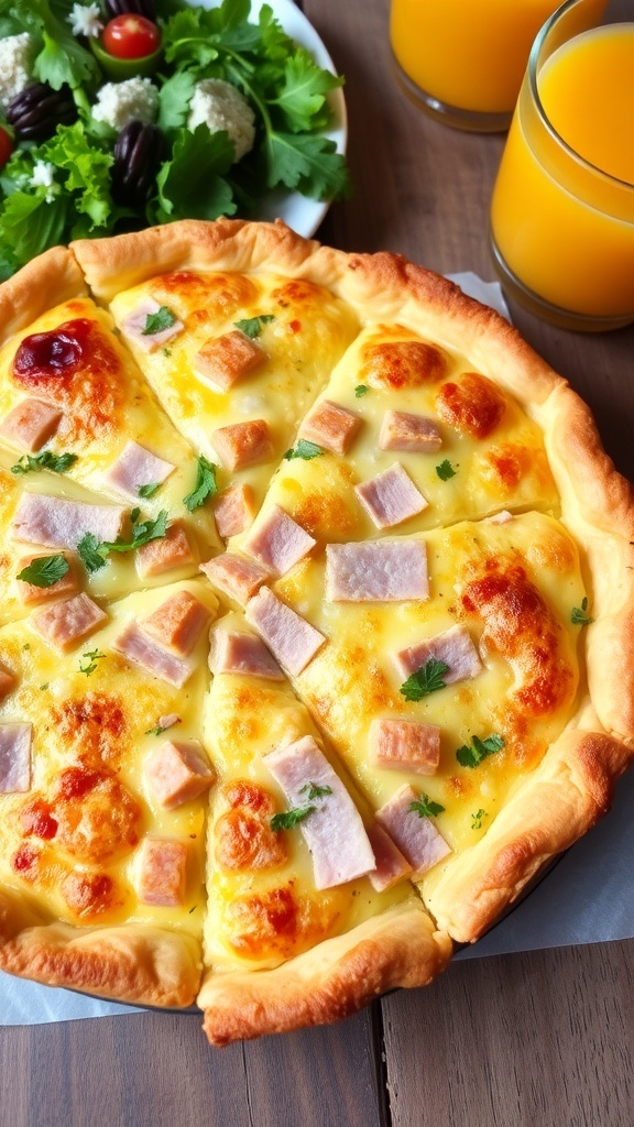 Ham and Cheese Quiche Recipe A slice of ham and cheese quiche on a plate, garnished with herbs, with a whole quiche in the background.